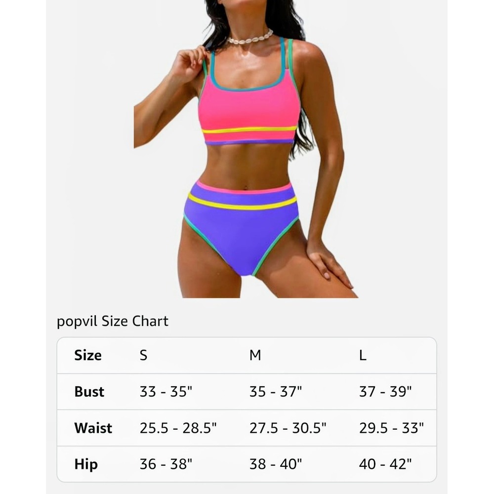 Popvil Neon Colorblock High Waisted Bikini Set Pink Purple Retro Swimsuit Large - Picture 7 of 7